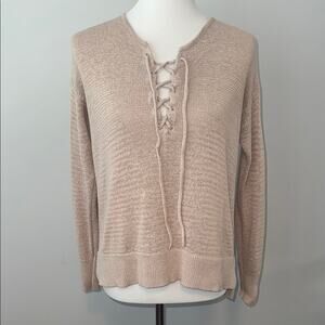 Loft Lace Up V-Neck Beige Knit Long Sleeve Sweater Women's Small